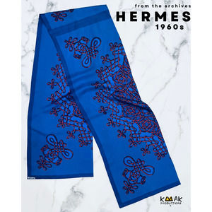 HERMÈS "VinciI" 1960s Blue/Red Silk Scarf by F. Heron